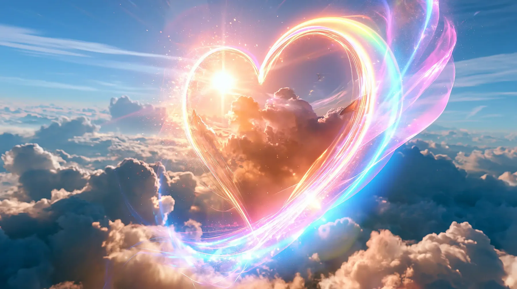 A heart drawn in rainbow light above a sea of clouds, the sun rising through it